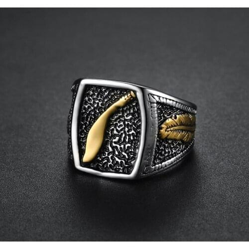 Drop Shipping Gold Feather Biker Men Rings Cool Fashion Boys Men Finger Rings Party Band Rings