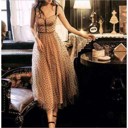 Beach Long Dress Personality Hot Sall Sexy Retro Sling 2021 New Fashion Trend Womens Chic Polka Dot Mesh Strap Slim Fit Flared