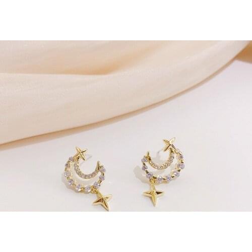 Luxury Female Crystal Hollow Moon Earring Charm Gold Color Star Wedding Earring Cute Bridal Zircon Small Stud Earrings For Women