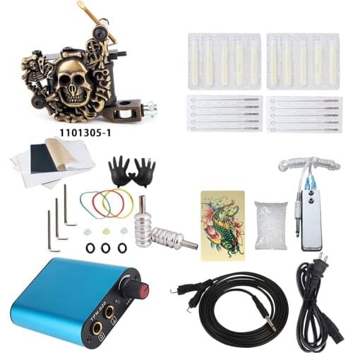 Starter Tattoo Set 1 Coils Guns 50pcs cup Pigment Sets Blue Power Permanent Makeup Complete Tattoo Kit Tattoo Machine Set