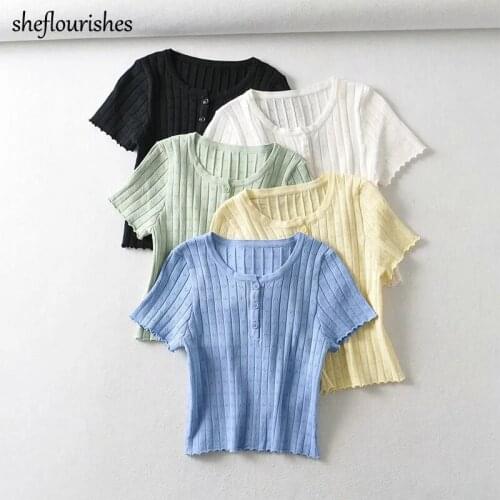Knitted t shirt women summer short sleeve tees casual o neck hollow out top kawaii slim shirts buttons white crop t shirt yellow