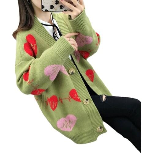Womens Clothing new Korean style love print loose long sleeve knitted tops fashion V Neck cardigans Sweaters spring Autumn