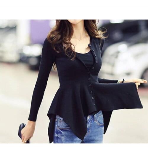 Vetement Femme Tshirts Cotton Women Clothes 2018 Asymmetry Button T-Shirt Long Sleeve Casual T Shirt Female Korean Womens Tops