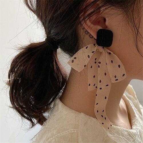 AENSOA Korean Polka Dot Bow Pendant Drop Dangle Earrings For Women 2021 Statement Winter Long Earrings Party Jewelry Wholesale