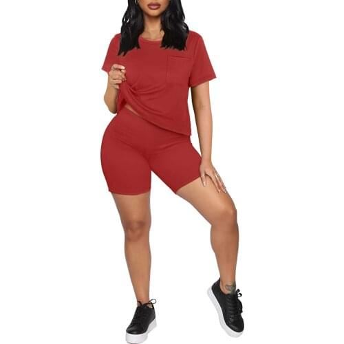 2 Pieces Sportswear Set Female Solid Color O-Neck Short Sleeve T-Shirt with Pocket+Shorts Yoga sets for Summer S/M/L/XL/XXL