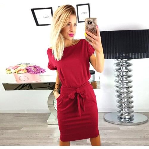 New Fashion Office Lady Wine Red Midi Dresses Summer Short Sleeve O-neck Sashes Sheath Sexy Dress Robe Femme Casual Style Dress