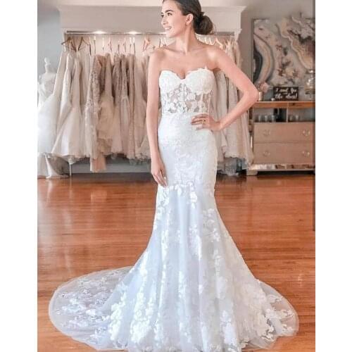 2021 Mermaid Wedding Dress Lace Sweetheart Sweep Train Bridal Gowns Sleeveless See Through Appliques Custom Made Women Dresses