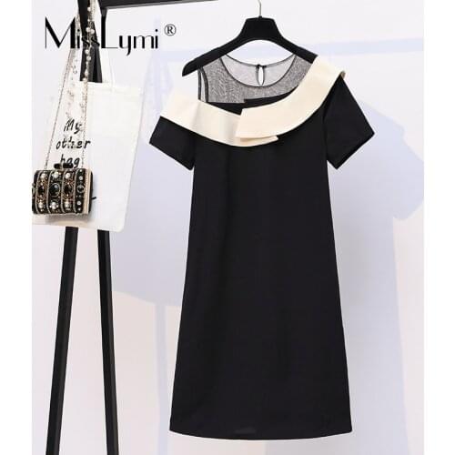 MissLymi L-5XL Plus Size Mesh Patchwork Ruffle Fake two Pieces Dress Women Summer 2021 Fashion Loose Off Shoulder Dress Black