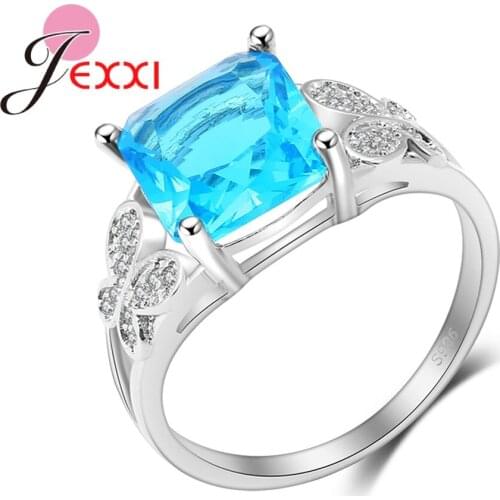Promotion High Quality 925 Sterling Silver Square Crystal Jewelry for Women Female Shiny Blue Zircon Anillos