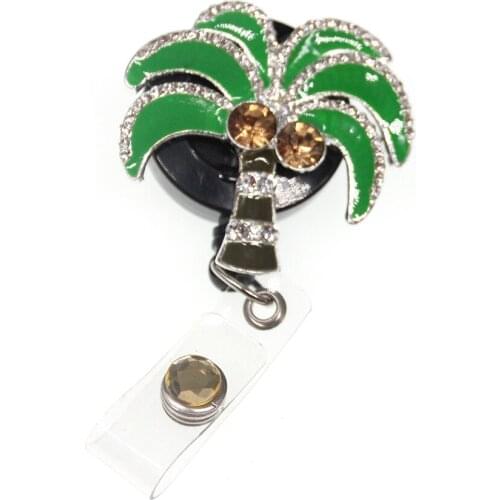 100pcs/ Summer Coconut Palm Tree Green Enamel Rhinestone Nurse Gift Retractable Name ID Badge Reel Holder