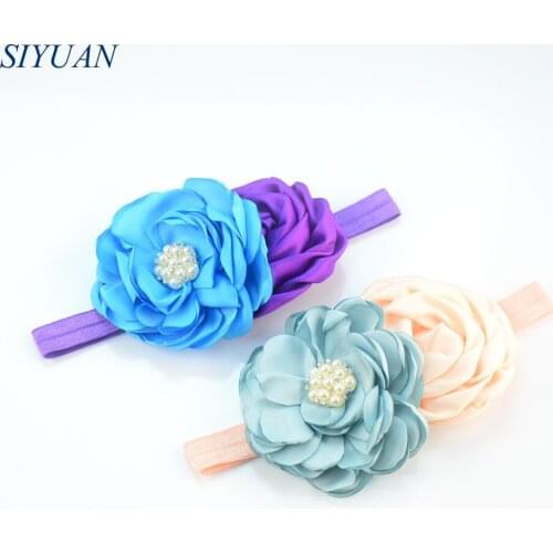 5pcs/lot Elastic Ribbon Headband with Satin Burned Flower Flat Rose Headband and Rhinestone Button Headwear FD210