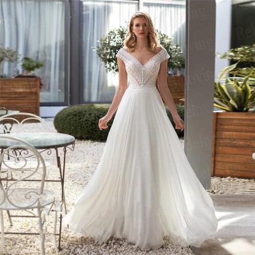 Boho Beach Double V Neck Wedding Dresses Robe De Mariage 2021 Off The Shoulder A Line Chiffon Bridal Gowns Bohemian Bridal Dress
