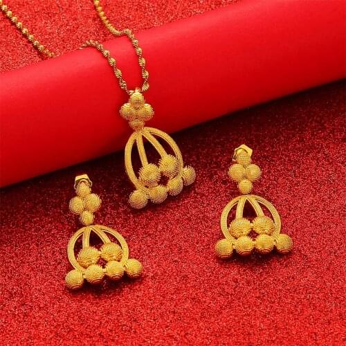 Dubai Jewelry Set for Women Gold Color Ethiopian Pendant Necklaces Earrings Middle Eastern Arab African Wedding Jewellery