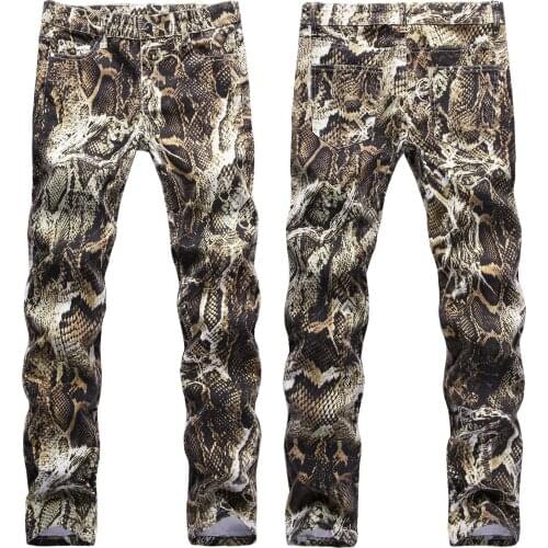 Fashion Men Jean Snakeskin Graphic Jean Men Hip-hop Printed Snake Pattern Night Show Singer Performance Jean Ripped Jean For Men