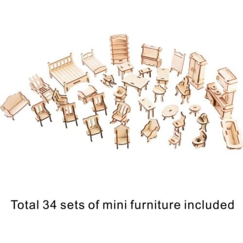 185 Pcs Simulation Miniature Wooden Furniture 3D Puzzle Toy Dolls Kids Baby Room Play Toy DollHouse Wood Furniture Set For Dolls