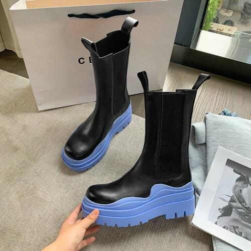 Ins 2021 Genuine Leather Warm Boots Women Shoes Fashion Elastic Band Thick High Heels Pumps Platform Night Club Shoes Woman