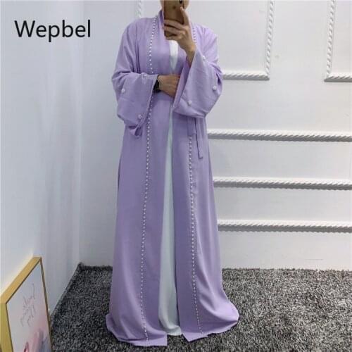 Wepbel Cardigan with Pearl Dress Solid Color Robe Muslim Abaya Arab Solid Color Kimono Ramadan Middle East Thobe Cardigan