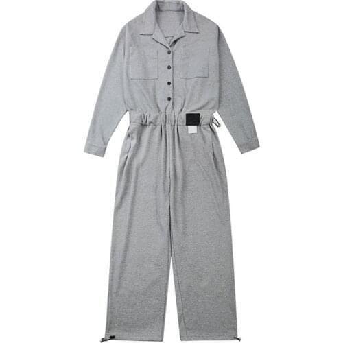 2021 Spring Overalls Men Woman Jumpsuits Long Sleeve Lapel Solid Loose Straight Tie Feet Gray Pants Fashion Lovers Trousers
