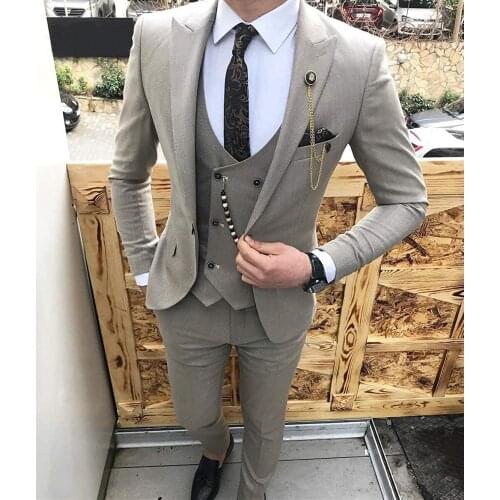 Mens Suit Slim Fit 3 Piece Grey Casual Prom Tuxedos Groom Peaked Lapel Business for Wedding Suits (Blazer+Vest+Pant)
