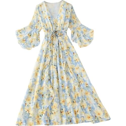 Summer Floral Chiffon Dress Women 2021 New Elegant Sweet Vintage V-neck Flared Sleeves Lace-up Slim Long Dresses Female LR1377