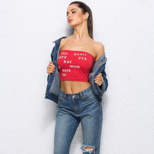 Summer Women Tank Sexy Red Solid Color Letters Print Cotton Fashion Tube Top Off Shoulder Backless Short Tank