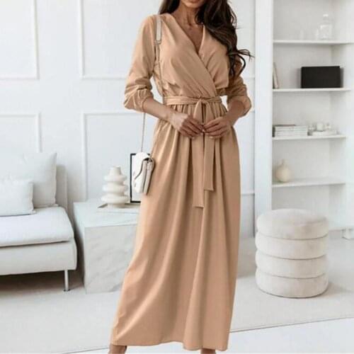 Layered Great Loose Hem Long Dress V Neck Lady Dress Solid Color for Taking Photos