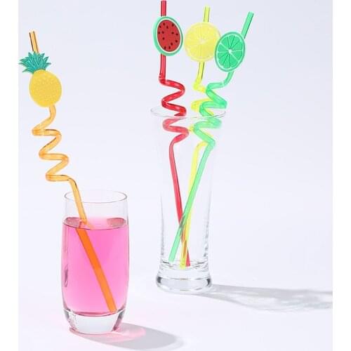 Cartoon Lime Lemon Pineapple Watermelon Plastic Spiral Drinking Straws Children Use Birthday Party Bar Club Juice Wine Cup Decor