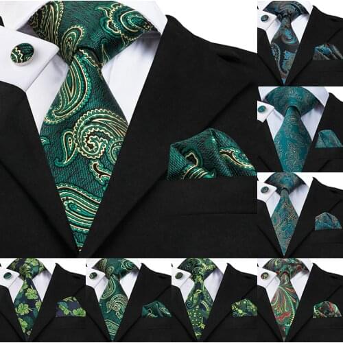 13 Style Green Paisely Luxury Silk Mens Ties for Wedding Party Business High Quality Mens Necktie Pocket Square Cufflinks Set