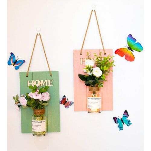 Wall Hanging Glass Vase Artificial Flower Green Hydroponic Plant Pendant Decor Wall Creative Wooden Board Wall Hanging Decor