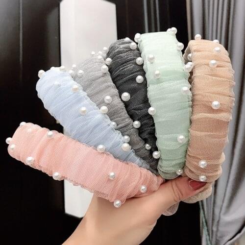 Pearls Lace Fold Headbands For Women Girls Handmade Wide Solid Color Fairness Hairband Bezel Hair Hoop 7 Colors Hair Accessories