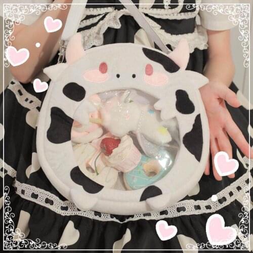 Original Kawaii Lolita Cute Cow Pattern Plush Dolls Shoulder Bag Soft Girl Transparent itabag Messenger Bag Fashion Phone bag