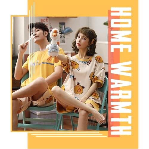 Couple summer pajamas short-sleeved shorts two-piece cotton large size loose cute mens and womens home service can be worn out