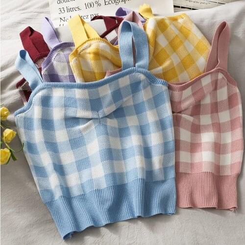 Pearl Diary Women Summer Retro Plaid Tank Tops Summer Sweetheart Neck Knitted Check Strappy Crop Tops Going Out Casual Tops New