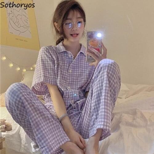 Women Purple Plaid Pajama Sets Short Sleeve Tops Full Length Pants Sweet Sleepwear Cozy Loose Teenagers Trendy Female Lounge Hot