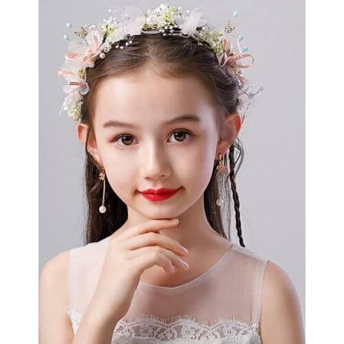 Children Headdress Flower Crown Headband Wedding For Girls Princess Ornament Birthday Present Wreath + 1 Pair Earring Set