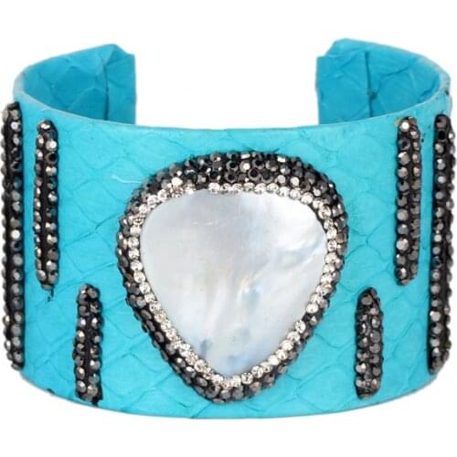 Luxury Natural Real Snake Leather Pearl Bangle Bracelet Pave with Rhinestone Open Cuff Adjustable Bracelet Statement