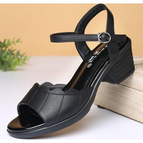 Sandals Womens New Mid-heel Thick Heel Sandals One Word Buckle Rhinestone Comfortable and Fashionable High-heeled Womens Shoes