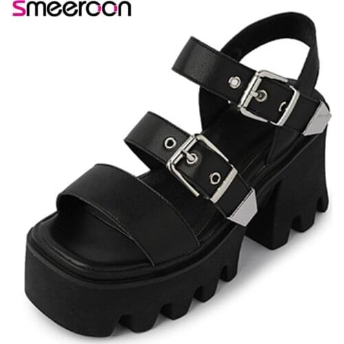 Smeeroon 2021 Punk Casual Shoes Women Genuine Leather Sandals Buckle High Heels Platform Sandals Fashion Casual Shoes Woman