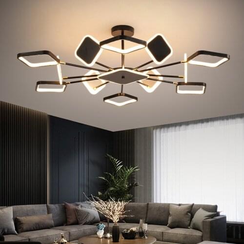 Modern Led Chandelier Lighting For Living Dining Room Bedroom Kitchen Golden Square Metal Hanging Ceiling Lamps Dimmable Fixture