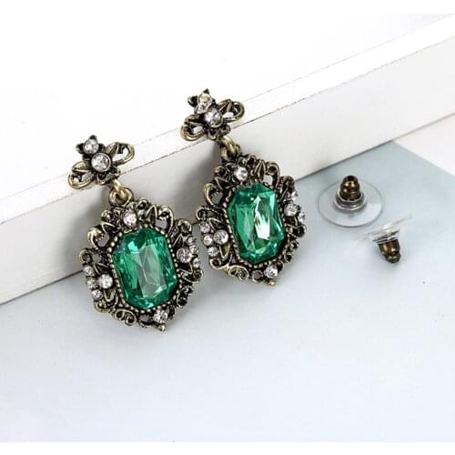 Vintage Green Stone Drop Earrings Rhinestone Inlaid Anti Gold Metal Dangle Earrings for Women Party Jewelry Girls' Gift2019
