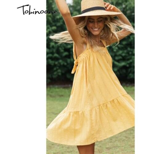 Tobinoone Spaghetti Strap Summer Dress Women Backless Sexy Bow Loose Beach Dresses Female Lace Line Holiday Short Dress Vestido