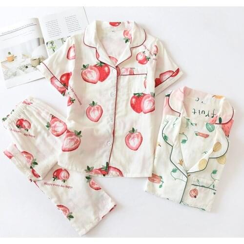 Japanese Summer Ladies Pajamas Pure Cotton Gauze Soft Pyjamas Set Casual and Comfortable Short Sleeve Cardigan Womens Home Wear