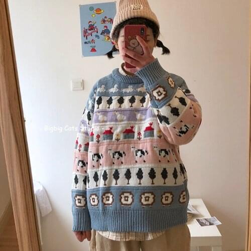 Japanese Spring and Autumn Childlike Animal Jacquard Pullover Sweater Students Loose Thick Sweater Women Christmas Sweater