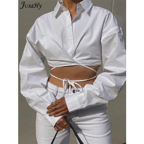 JuSaHy Y2K Bandage Shirt for Women Autumn Harajuku Style Long Sleeves Tops Office Lady Clothing Solid Casual Wild Streetwear