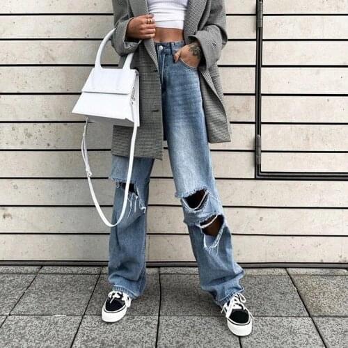 Women Holes Ripped Jeans High Waist Loose Wide Leg Pants Casual Streetwear Lady Button Straight-Leg Pants for Summer Autumn