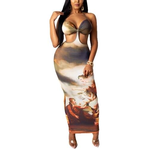Women Retro Style Sexy Dress, Beige Printed Pattern Sleeveless V-neck Hollow Out , S/ M/ L
