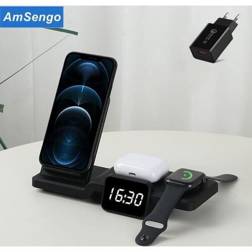 Wireless Charger Stand LED Alarm Clock Phone Charging Pad Digital Thermometer For IPhone 12/11/XR/X/For i Watch 6 5 Airpods Pro
