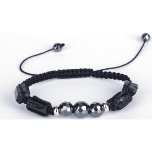 Black Healing Rough Tourmaline Semi Precious Mineral Stone Bead Charm Hematite Adjustable Macrame Bracelet for Unisex Women Man