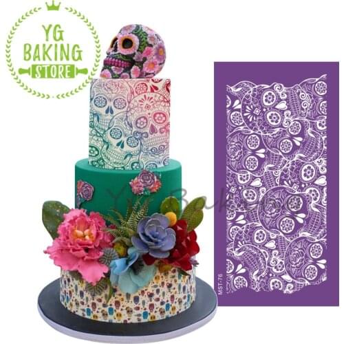 Dorica Halloween Skull Design Mesh Stencil Cake Decorating Tools Soft Fabric Cake Pastry Lace Stencils Kitchen Tools Bakeware