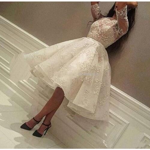 New Knee Length Cocktail Dresses 2020 Jewel Half Sleeve Ball Gown Short Modest Full Lace Arabic Prom Party Evening Gowns Cheap